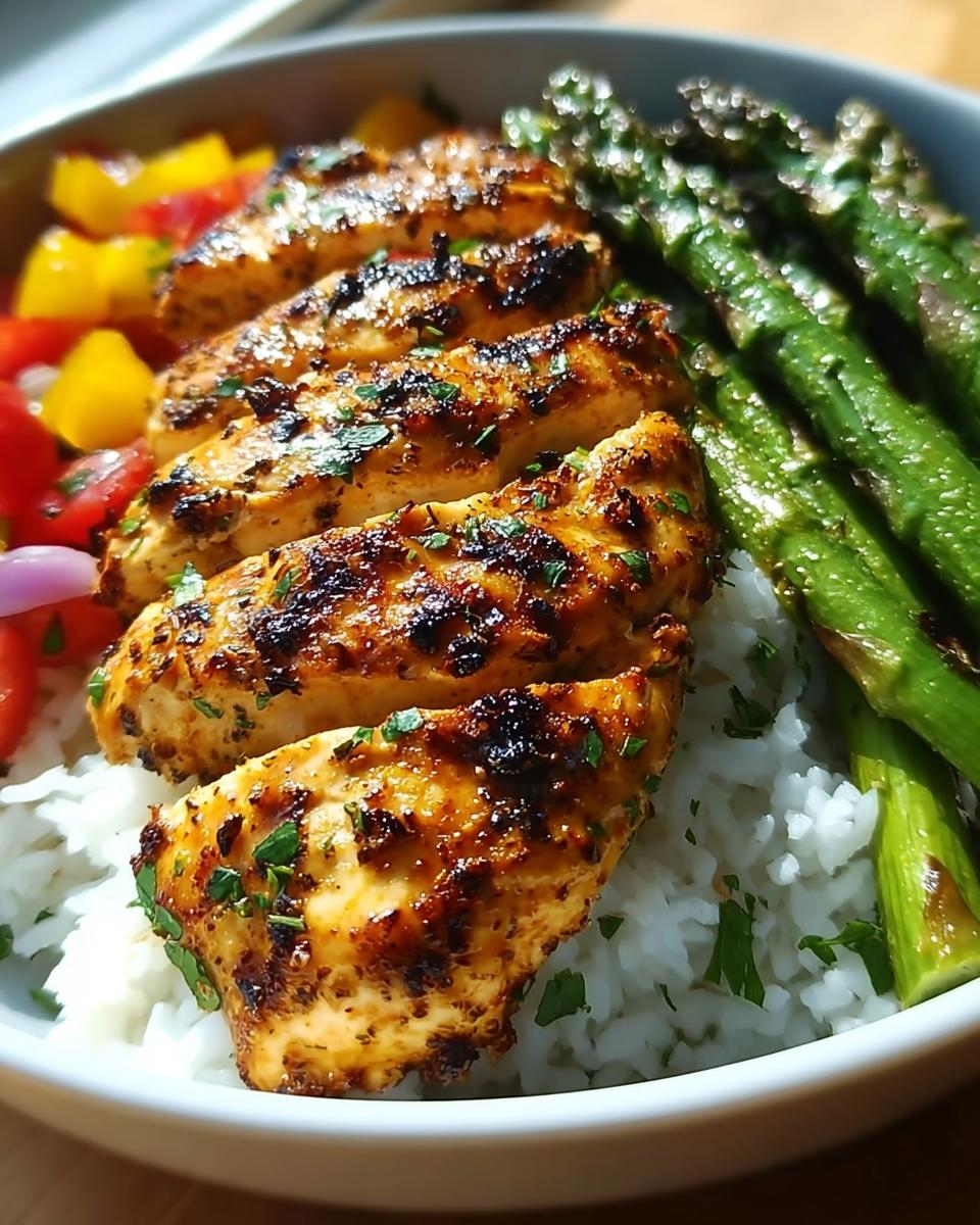 Close-up of a Quick Healthy Dinner Recipe featuring sliced, seasoned chicken breast over white rice with grilled asparagus and chopped bell peppers.