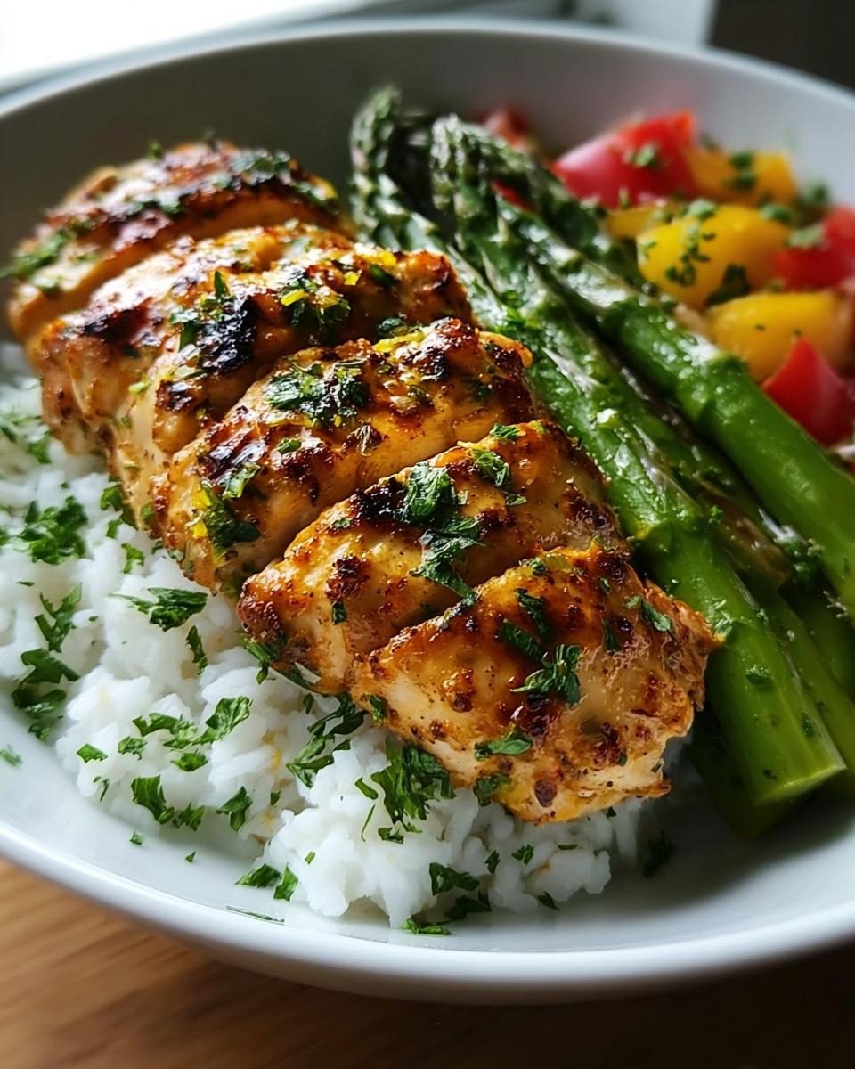 Sliced lemon herb chicken served over white rice with bright green asparagus, part of Quick Healthy Dinner Recipes.