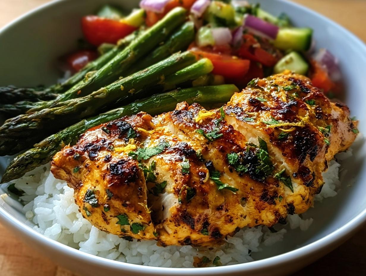 A vibrant bowl featuring grilled lemon herb chicken over rice with roasted asparagus and a fresh tomato cucumber salad, perfect for Quick Healthy Dinner Recipes.