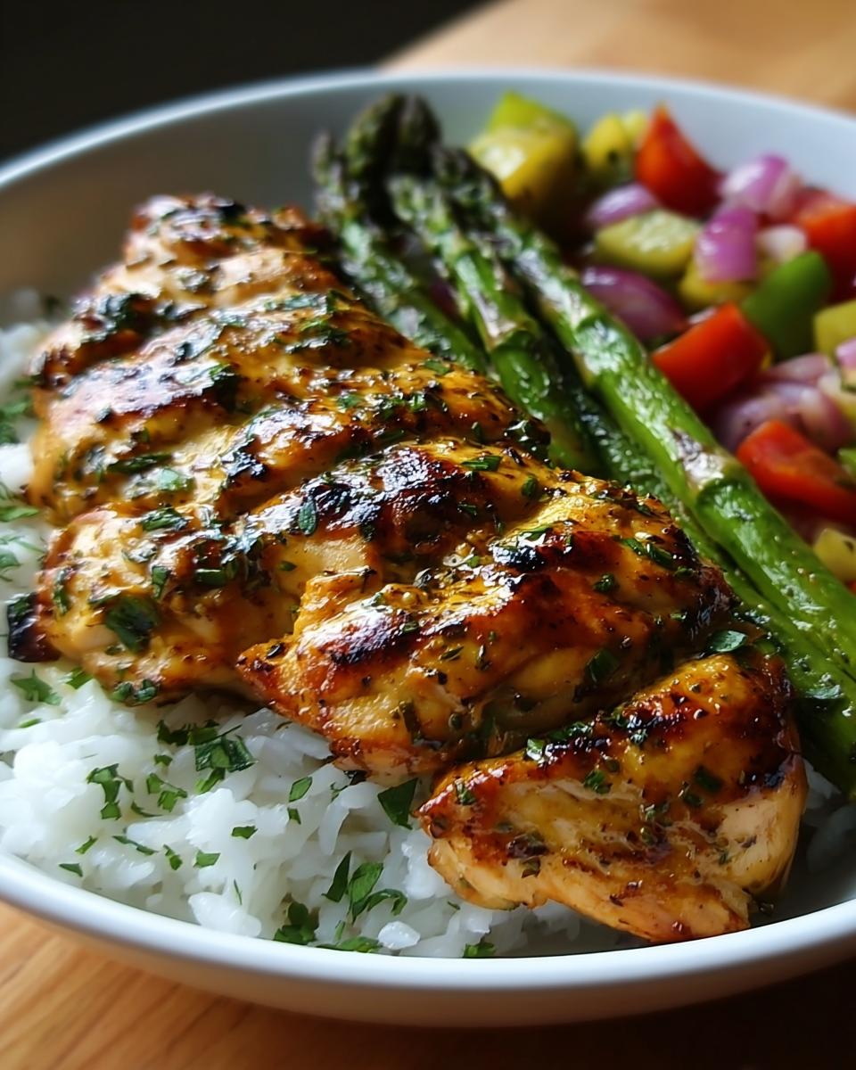 Close-up of a Quick Healthy Dinner Recipes bowl featuring sliced glazed chicken breast over white rice with asparagus and salsa.