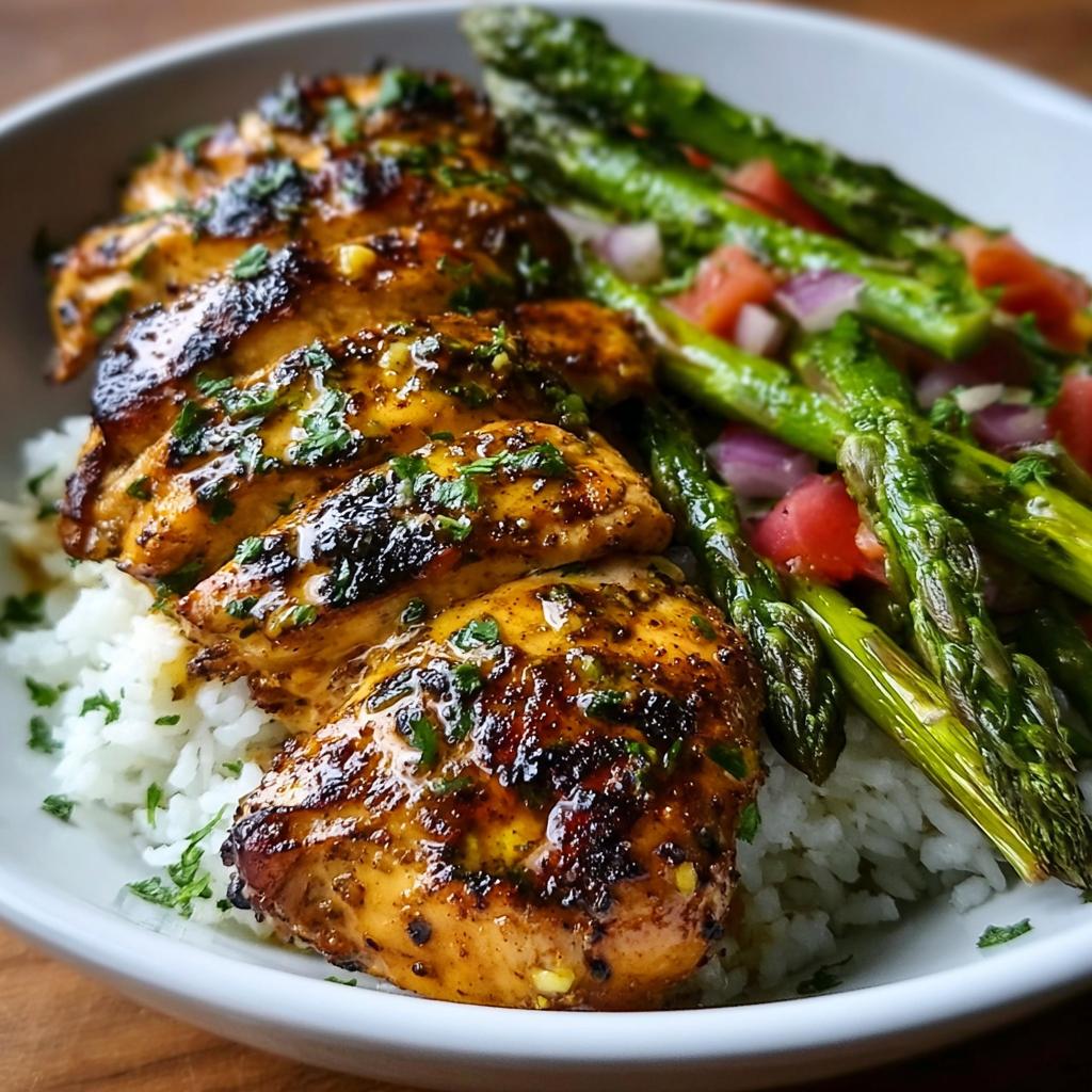 Close-up of a bowl featuring sliced glazed chicken breast over white rice with roasted asparagus and tomato salsa, perfect for Quick Healthy Dinner Recipes.