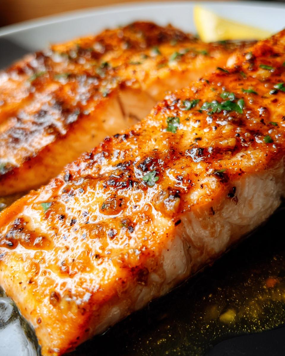 Close-up of perfectly cooked, glazed salmon fillets coated in garlic butter and herbs, part of our Quick and Healthy Garlic Butter Salmon Recipe.