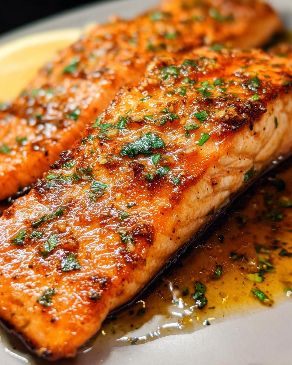 Close-up of two perfectly cooked garlic butter salmon fillets drizzled with sauce and fresh parsley.