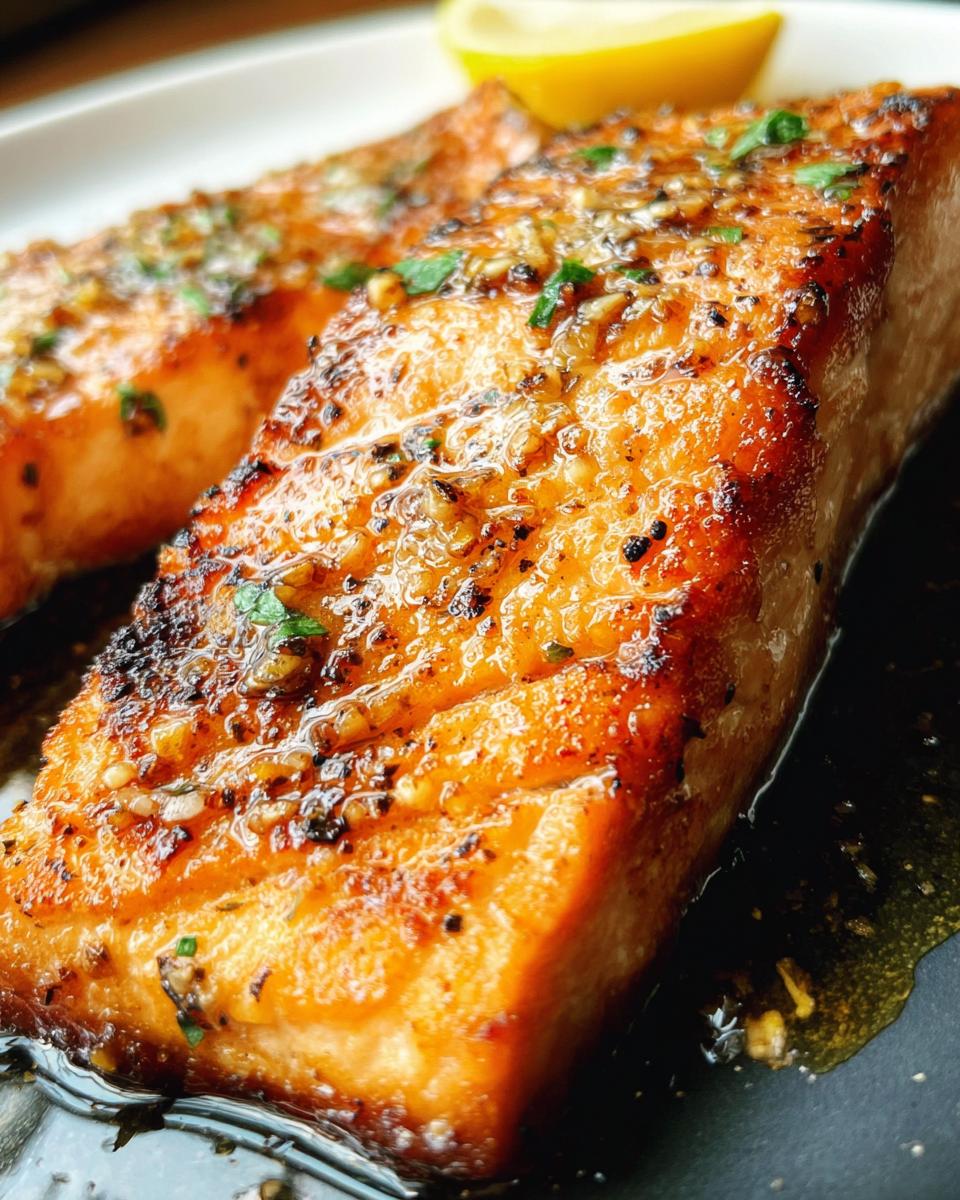 Close-up of a perfectly cooked, glazed garlic butter salmon fillet with herbs and a lemon wedge in the background.