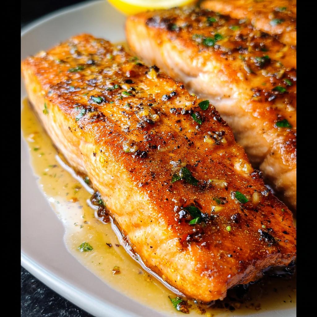 Close-up of a perfectly cooked, glazed garlic butter salmon fillet resting in sauce.