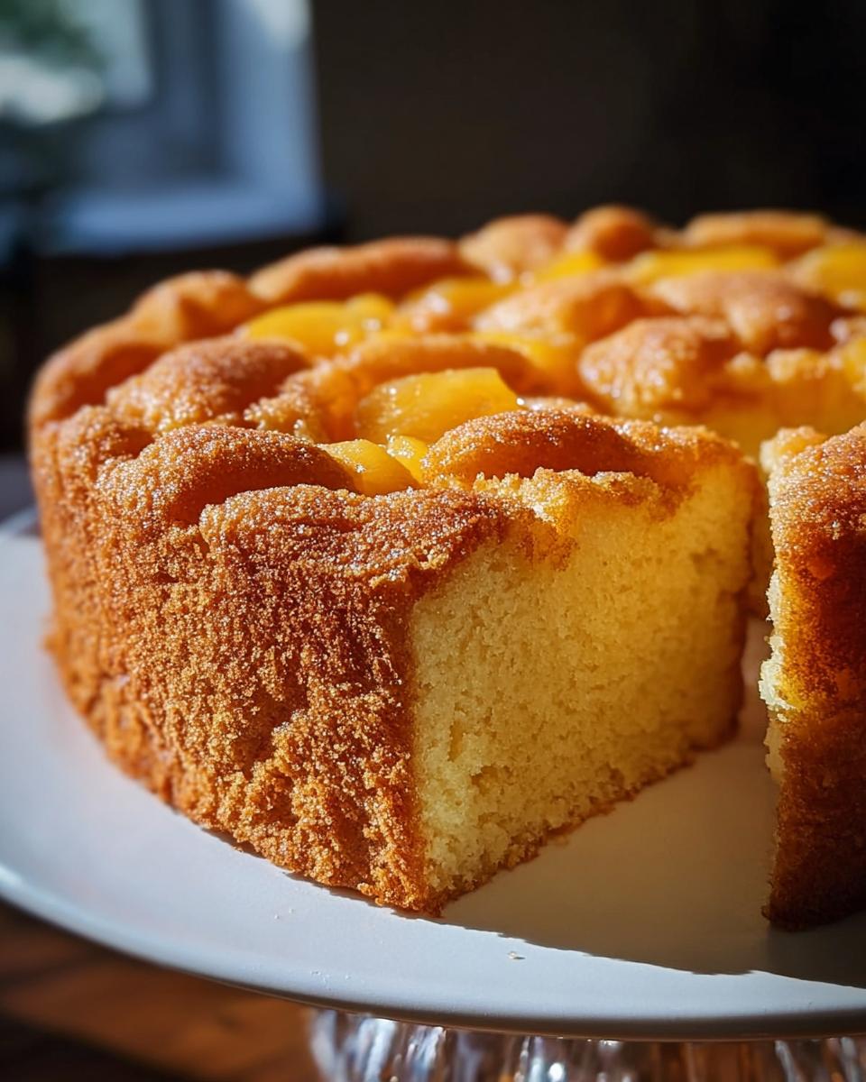 Close-up of a moist, golden cake topped with caramelized peaches, one slice cut out, perfect for Cake Ideas Recipes in 12 Minutes.