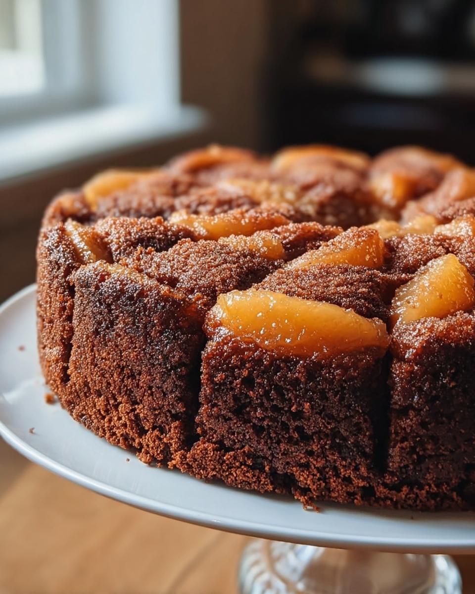 A moist, dark brown cake topped with caramelized pear slices, one of the 5 Cake Ideas Recipes in 12 Minutes.