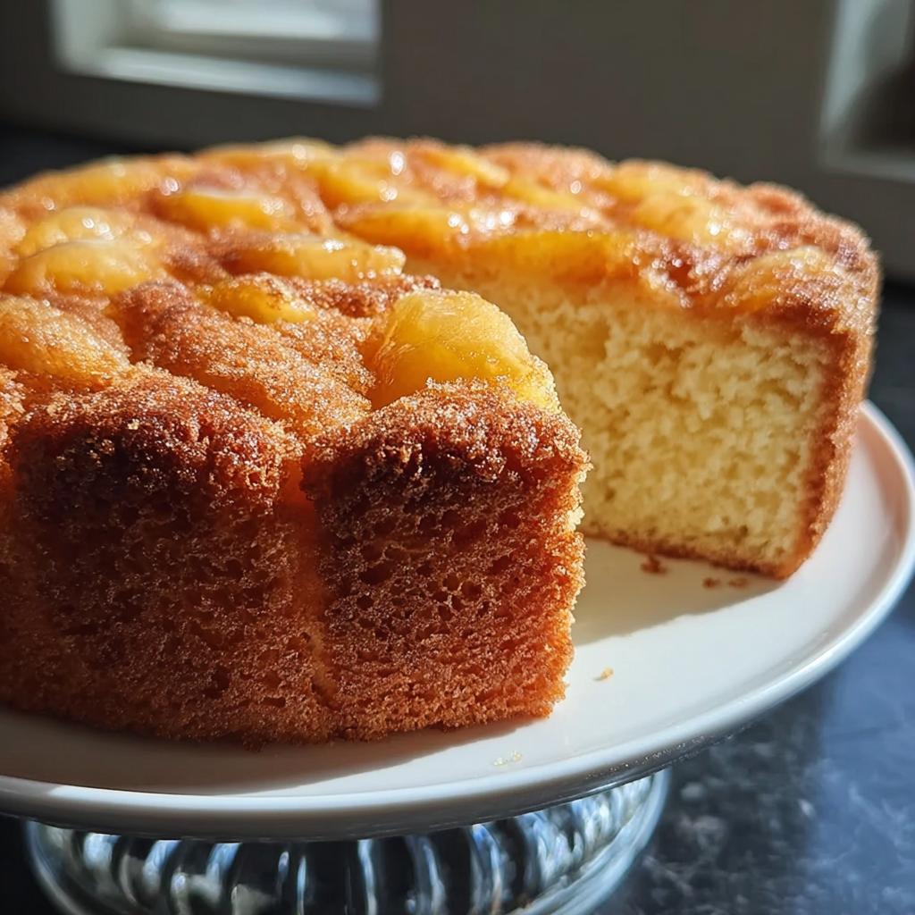 Close-up of a moist, golden pineapple upside-down cake with a slice removed, perfect for Cake Ideas Recipes in 12 Minutes.