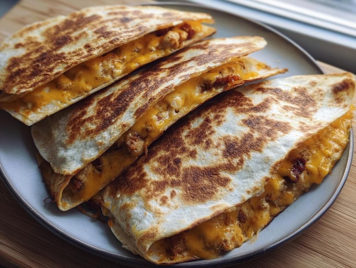Four stacked quesadilla wedges filled with melted cheese and meat, perfect for Healthy Meals You Can Prep in Under 1 Hour.