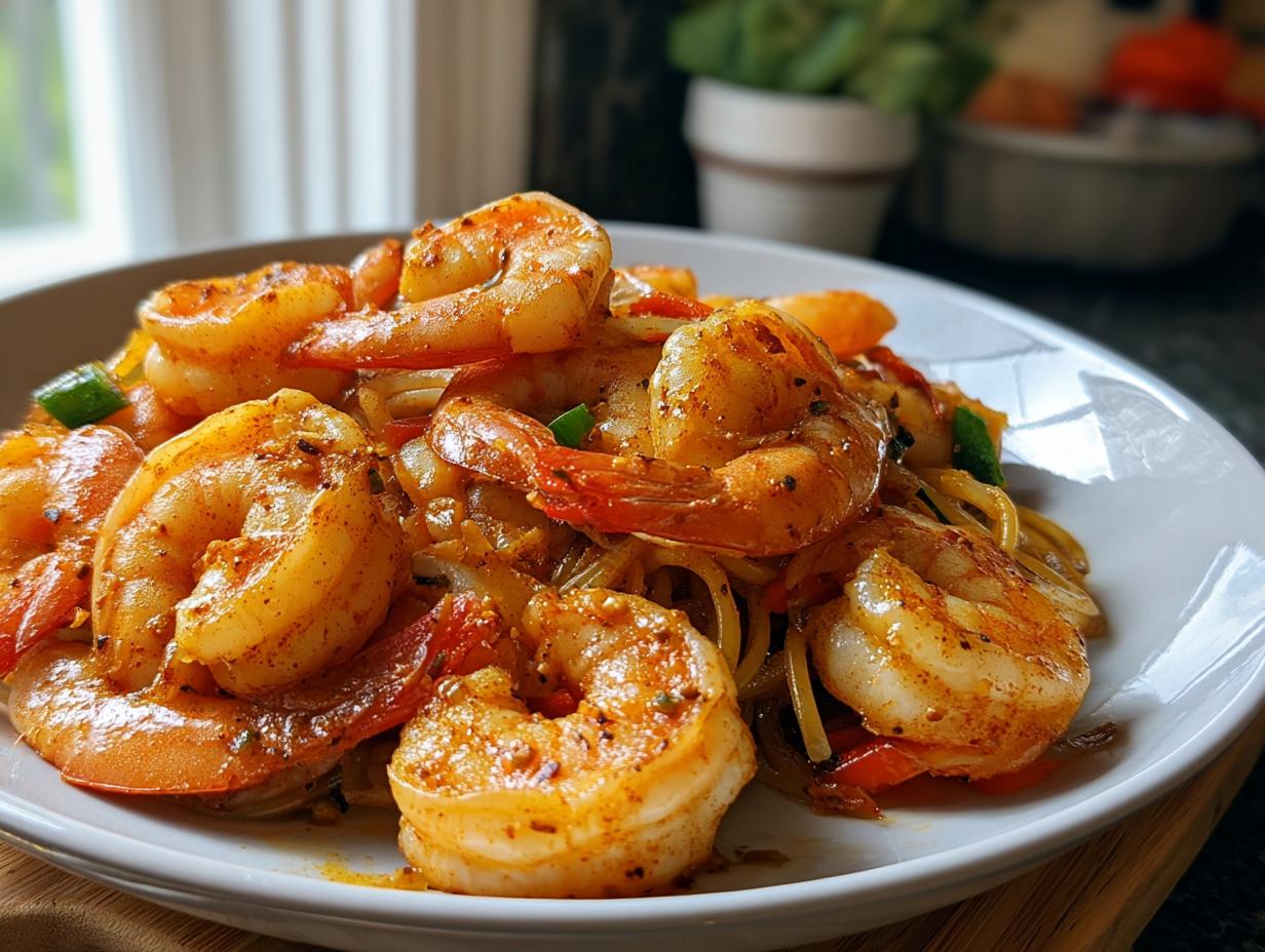 Close-up of seasoned, cooked shrimp served over noodles or pasta, perfect for quick Shrimp Recipes in 12 Minutes.