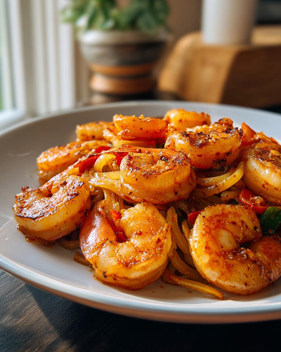 Close-up of perfectly seared, seasoned shrimp served over sautéed onions, part of our Shrimp Recipes in 12 Minutes.