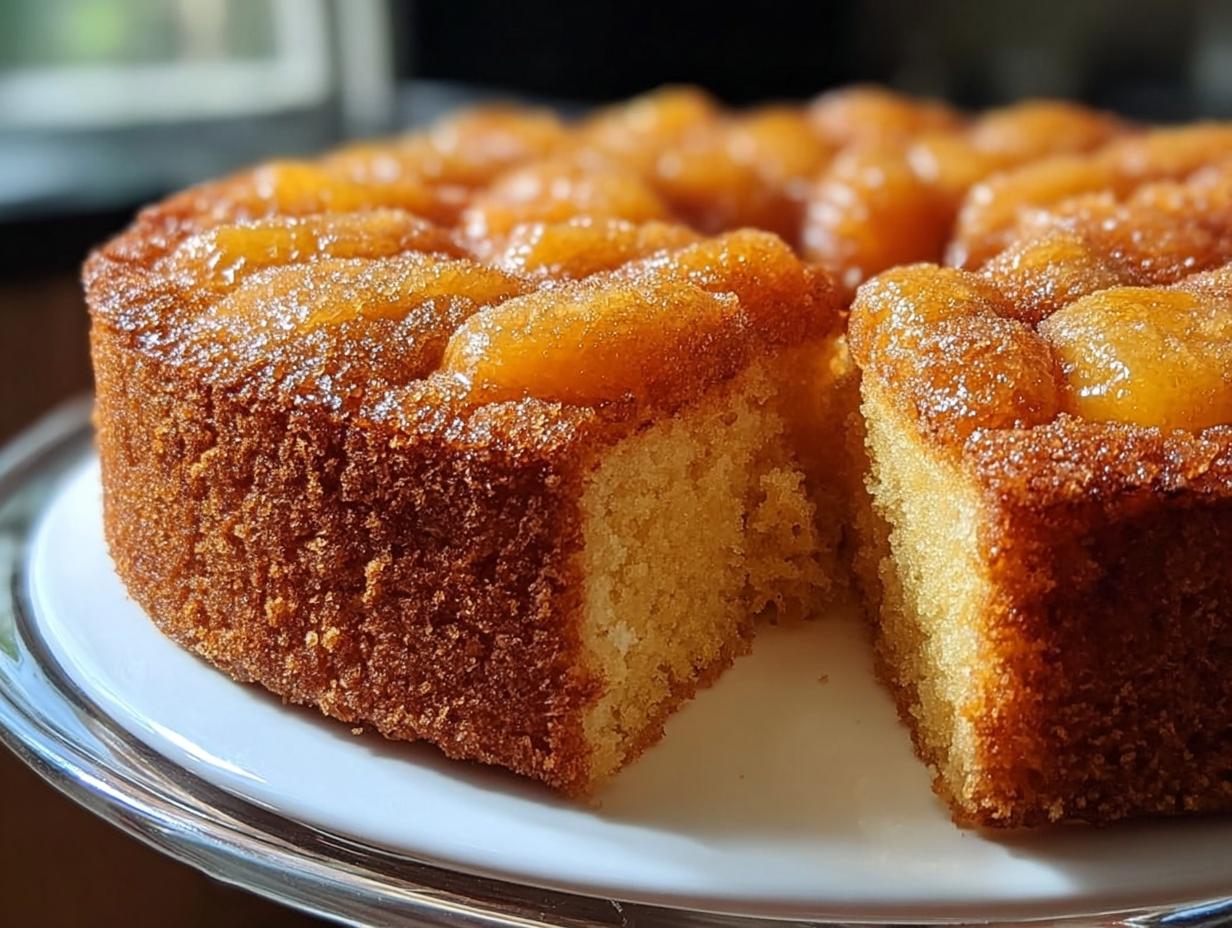 Close-up of a moist, golden upside-down cake with caramelized fruit topping, perfect for quick Cake Ideas Recipes in 12 Minutes.