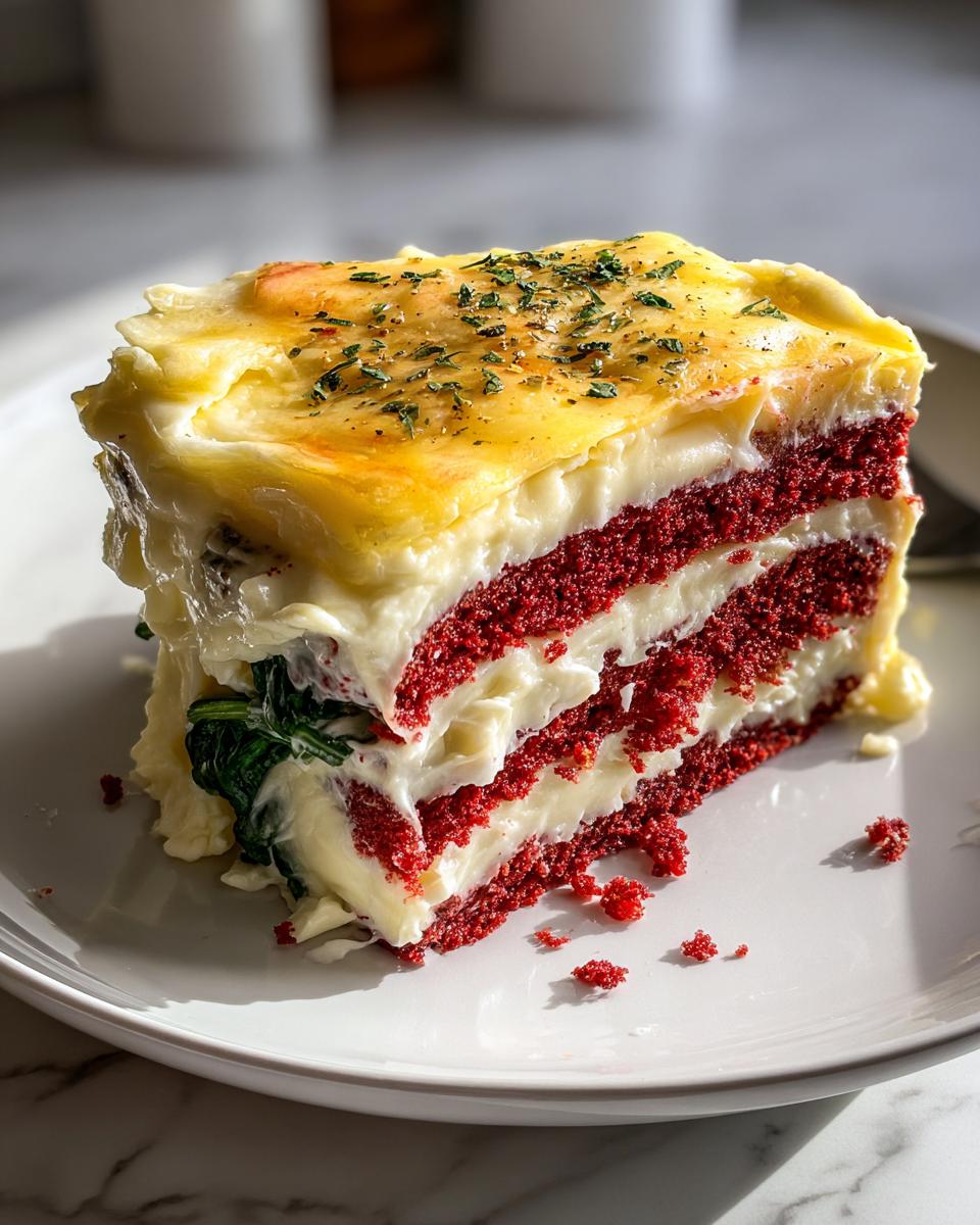 Slice of red velvet lasagna with white cheese filling and spinach, an unexpected Easy Healthy Dinner Recipes option.