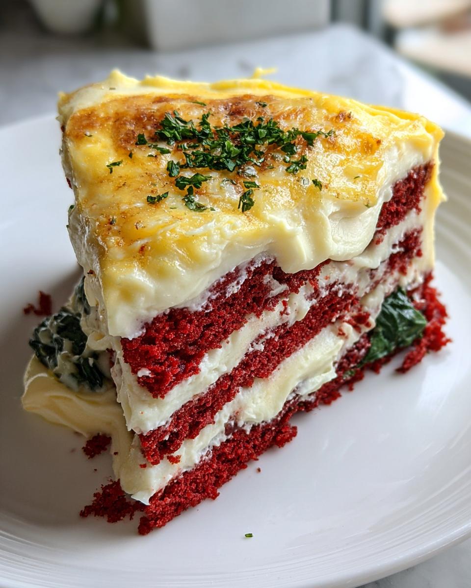 Slice of red velvet layered dish resembling lasagna with white sauce and spinach, an unexpected take on Easy Healthy Dinner Recipes.