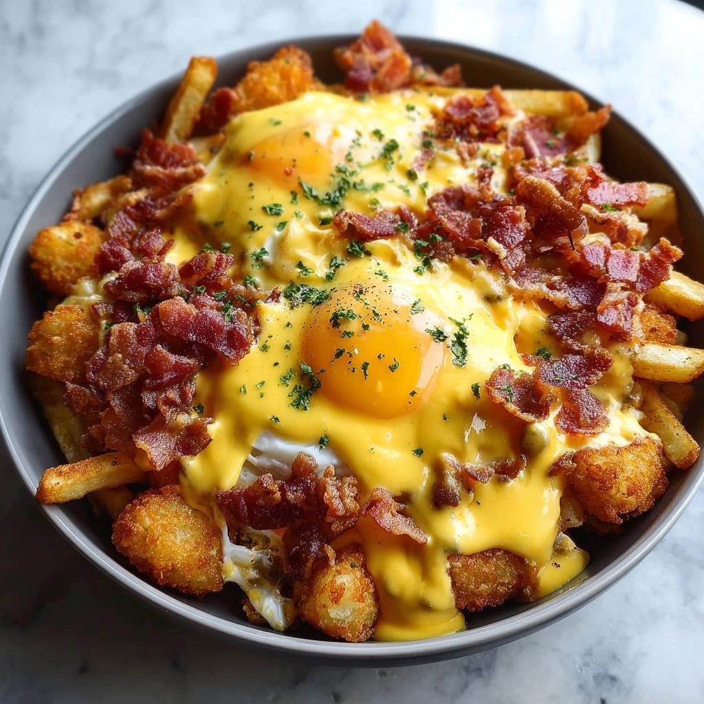 A bowl of loaded breakfast fries topped with sunny-side-up eggs, cheese sauce, and bacon bits, perfect for Restaurant-Style Breakfast Ideas Recipes at Home.
