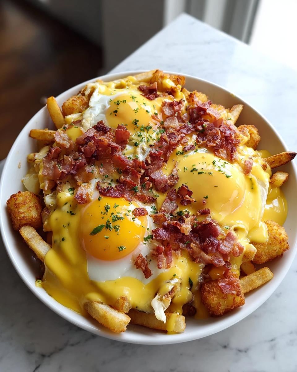 A bowl of loaded fries topped with sunny-side-up eggs, melted cheese sauce, bacon bits, and herbs, perfect for Restaurant-Style Breakfast Ideas.