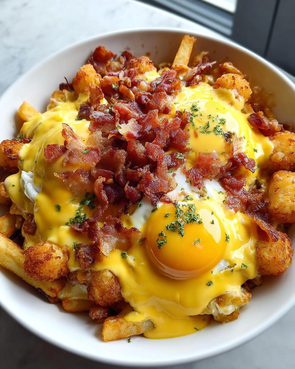 A bowl of loaded fries topped with two sunny-side-up eggs, melted cheese sauce, bacon bits, and parsley, a great Restaurant-Style Breakfast Ideas Recipes.