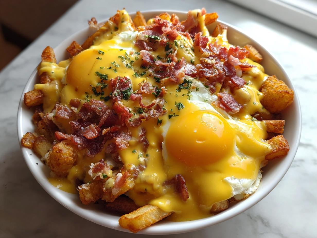 A bowl of loaded fries topped with melted cheese sauce, two sunny-side-up eggs, and crispy bacon bits, perfect for Restaurant-Style Breakfast Ideas Recipes at Home.