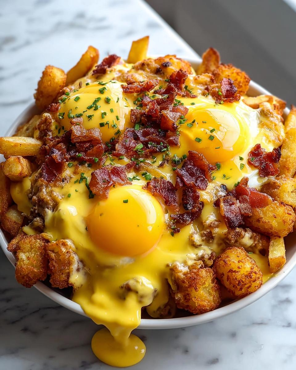 A bowl overflowing with tater tots, cheese sauce, bacon, and three sunny-side-up eggs, perfect for Restaurant-Style Breakfast Ideas Recipes at Home.