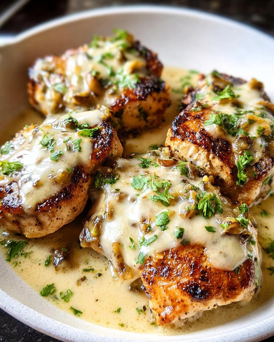 Four pan-seared chicken breasts topped with a rich, creamy mushroom sauce and fresh parsley, perfect for Restaurant-Style Chicken Recipes at Home.