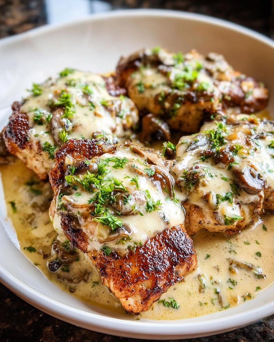 Four pan-seared chicken breasts smothered in a rich, creamy mushroom sauce and garnished with fresh parsley.