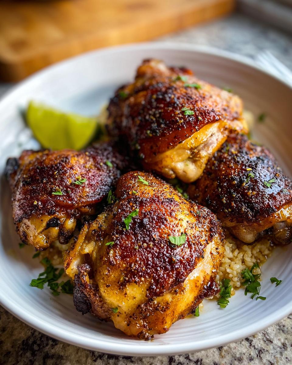 Four perfectly cooked, crispy-skinned chicken thighs served over rice with a lime wedge, showcasing Restaurant-Style Chicken Thigh Recipes at Home.