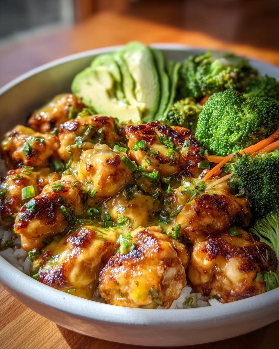 Close-up of a healthy restaurant-style meal with glazed chicken pieces over rice, broccoli, and avocado slices.