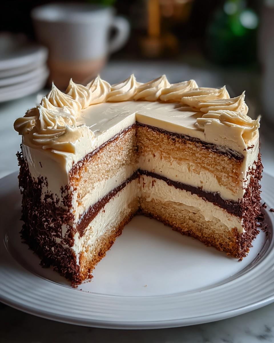 A decadent, multi-layered restaurant-style cake with vanilla frosting and chocolate shavings, a slice removed.