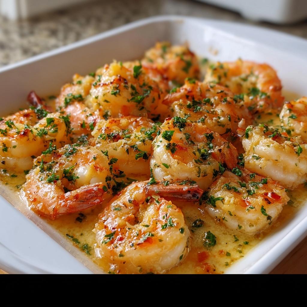 Close-up of succulent shrimp cooked in garlic butter sauce, garnished with fresh parsley, perfect for Restaurant-Style Shrimp Recipes at Home.
