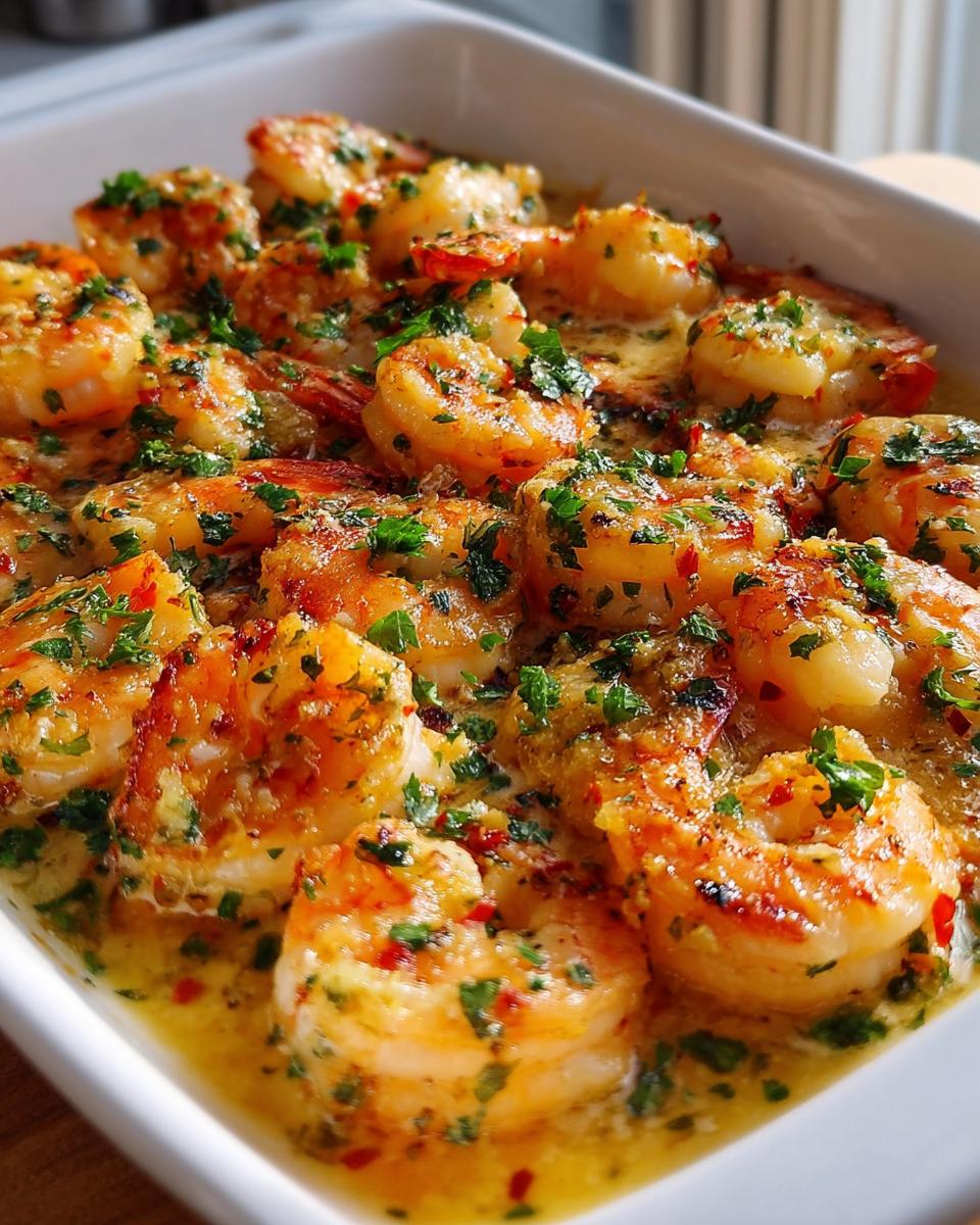 Close-up of succulent, cooked shrimp swimming in a rich garlic butter sauce, topped with fresh parsley.