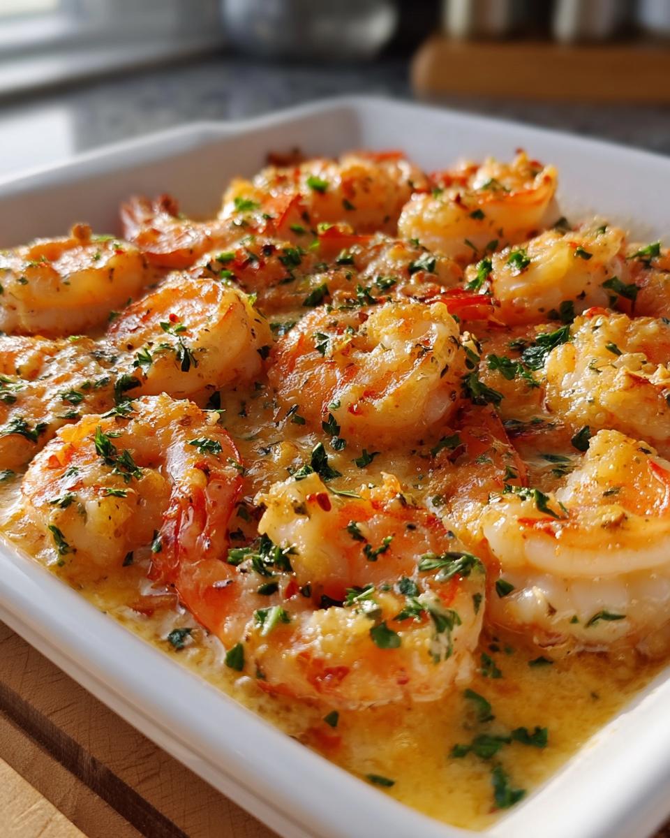 Close-up of plump shrimp cooked in a creamy, buttery garlic sauce and topped with fresh parsley.