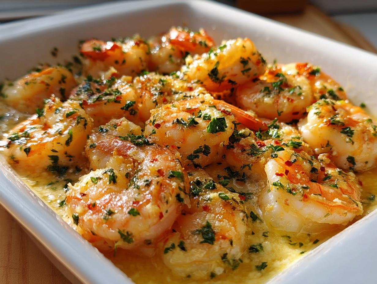Close-up of succulent shrimp cooked in garlic butter sauce, garnished with parsley, perfect for Restaurant-Style Shrimp Recipes at Home.