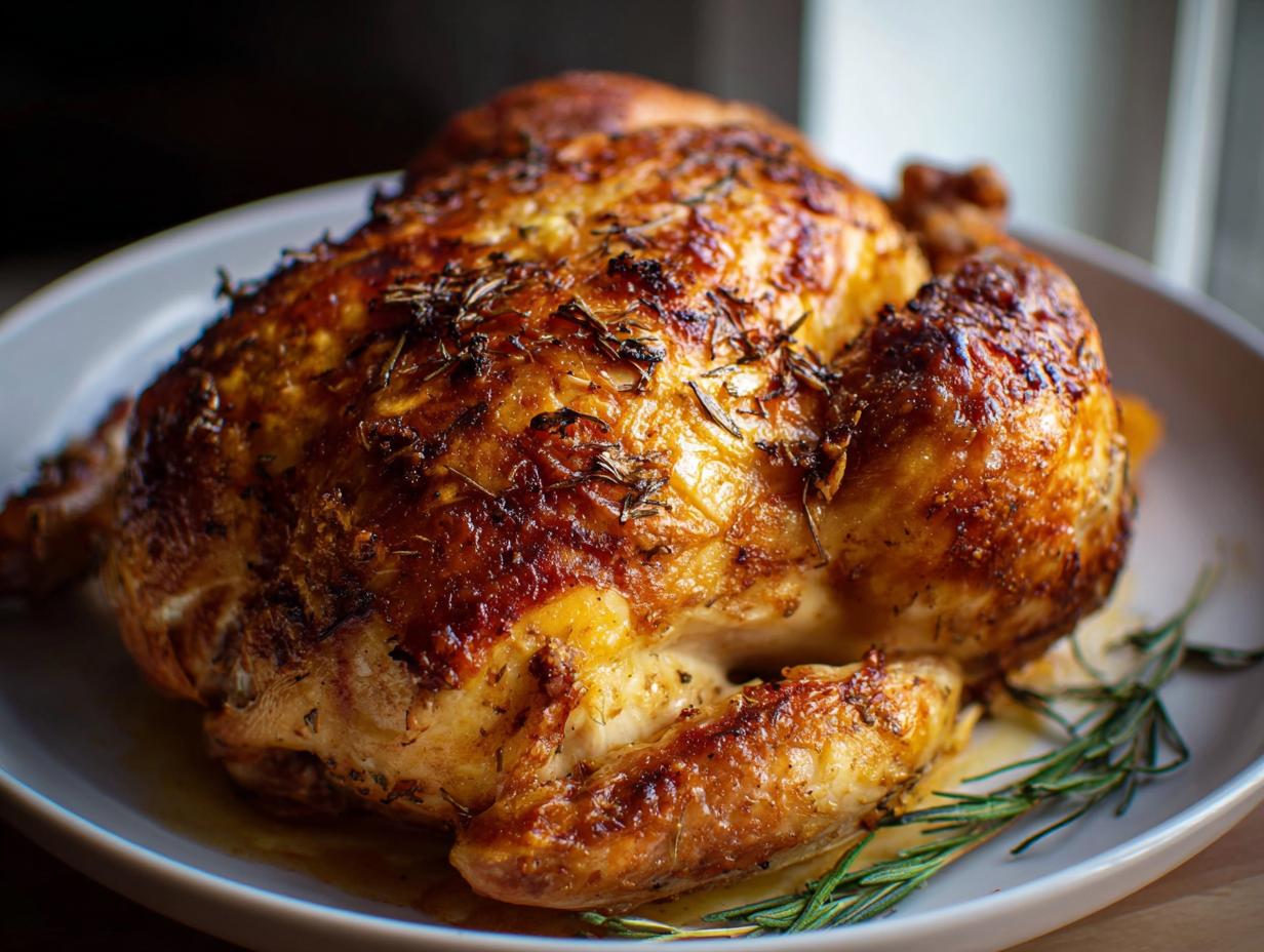 A perfectly roasted whole chicken with crispy, golden-brown skin seasoned with herbs, demonstrating how to make chicken recipes like a pro.