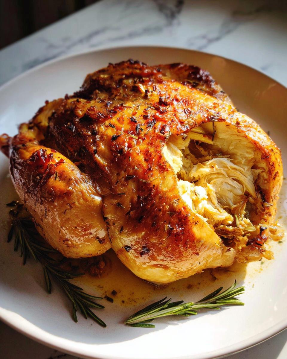 A golden-brown roasted chicken, seasoned with herbs, resting on a white plate, showing moist interior meat.