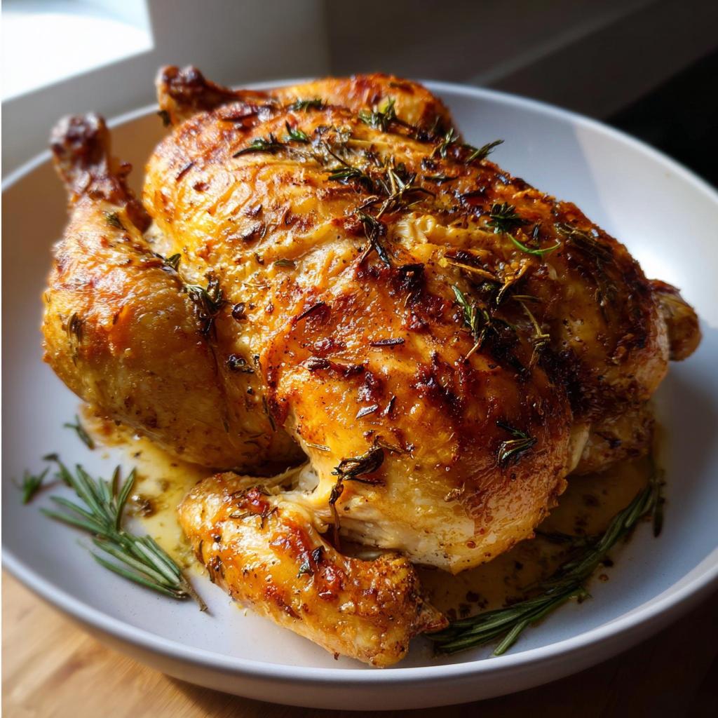 A beautifully roasted whole chicken with golden-brown, crispy skin, seasoned with fresh rosemary, illustrating how to make chicken recipes like a pro.