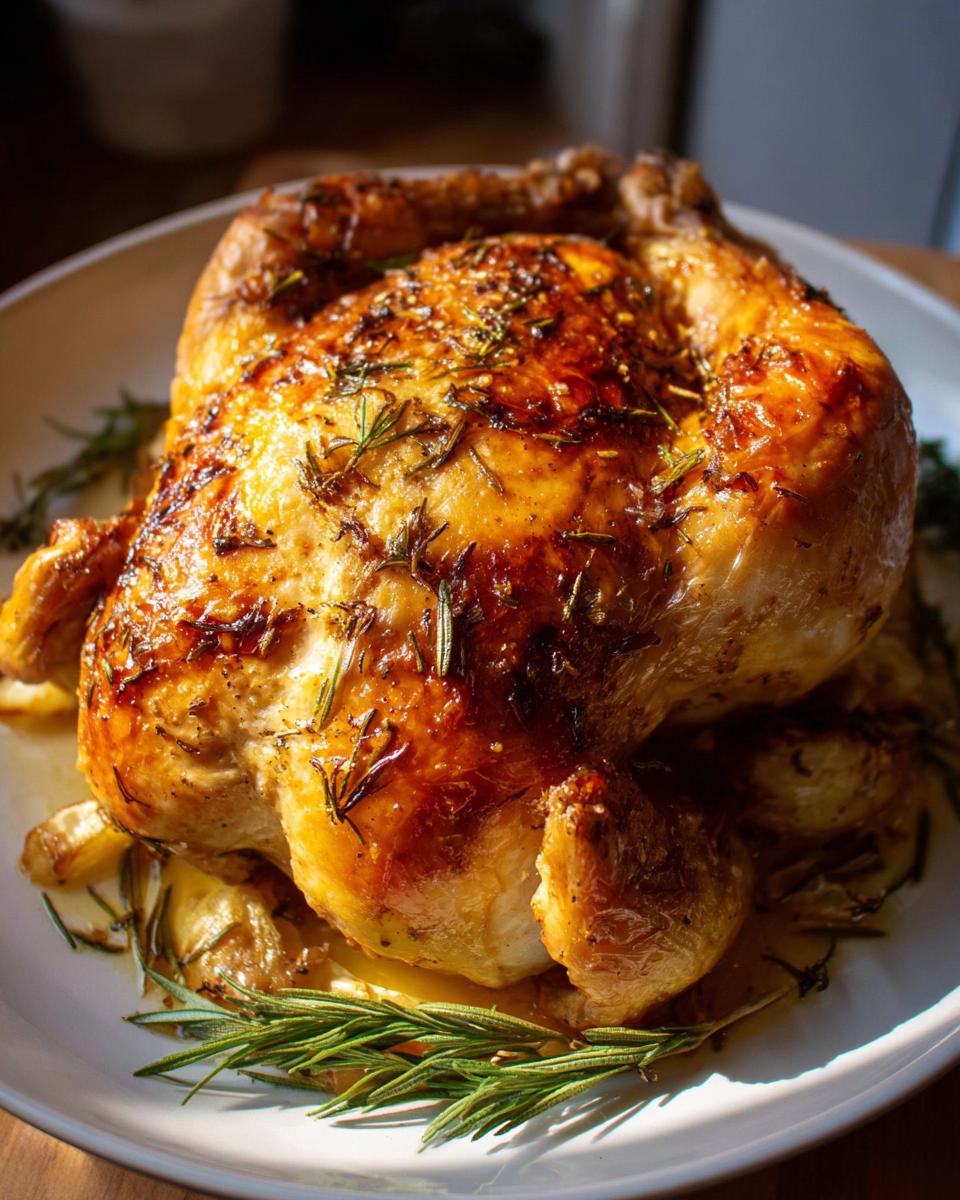 A whole roasted chicken with crispy, golden-brown skin seasoned with rosemary, illustrating how to make chicken recipes like a pro.