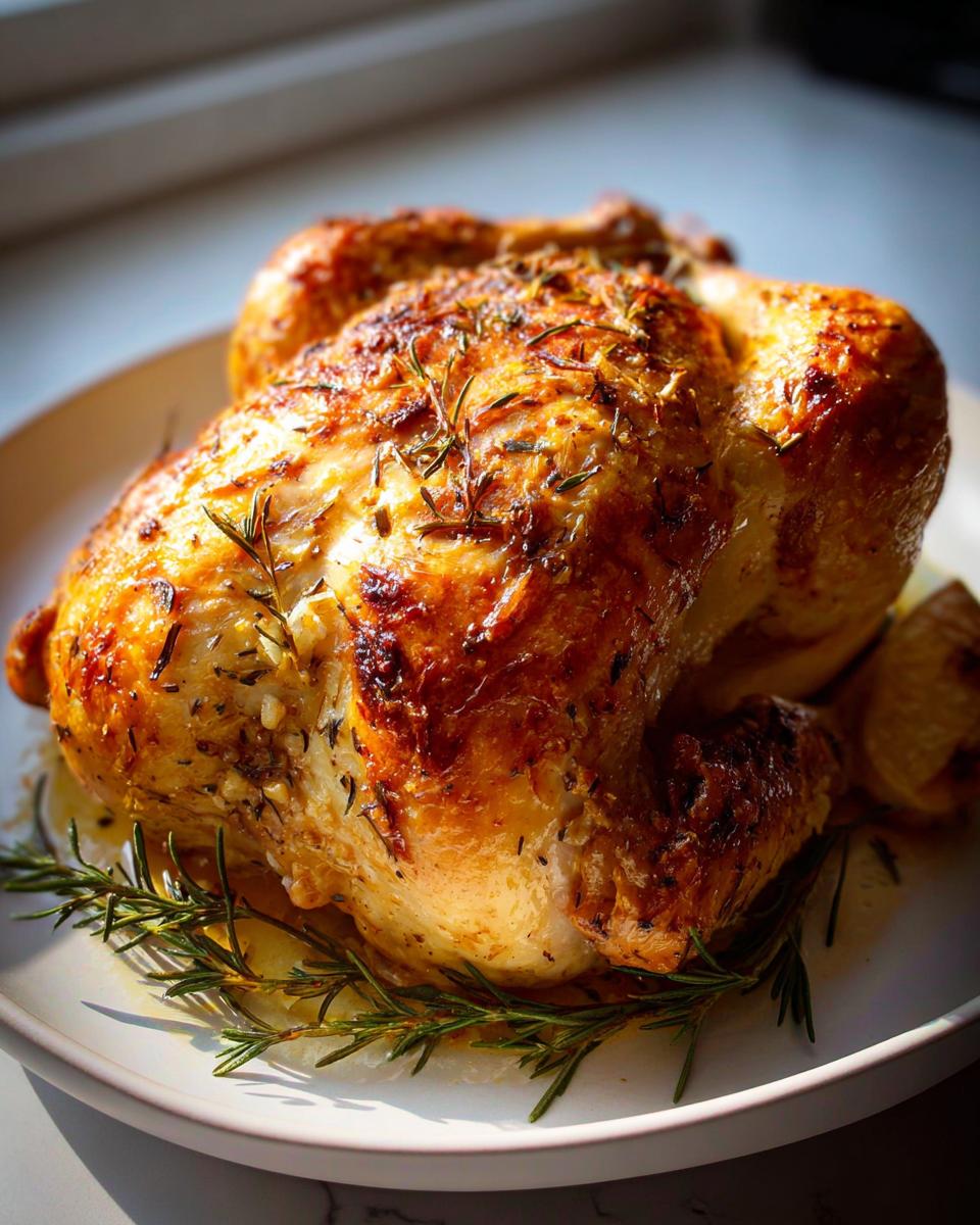 A whole roasted chicken with crispy, golden skin seasoned with rosemary, ready for amazing how to make chicken recipes like a pro.
