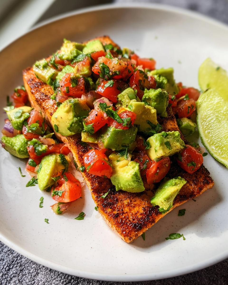 Seared salmon fillet topped with fresh avocado and tomato salsa, a perfect example of Balanced Meals for a Healthy Lifestyle.