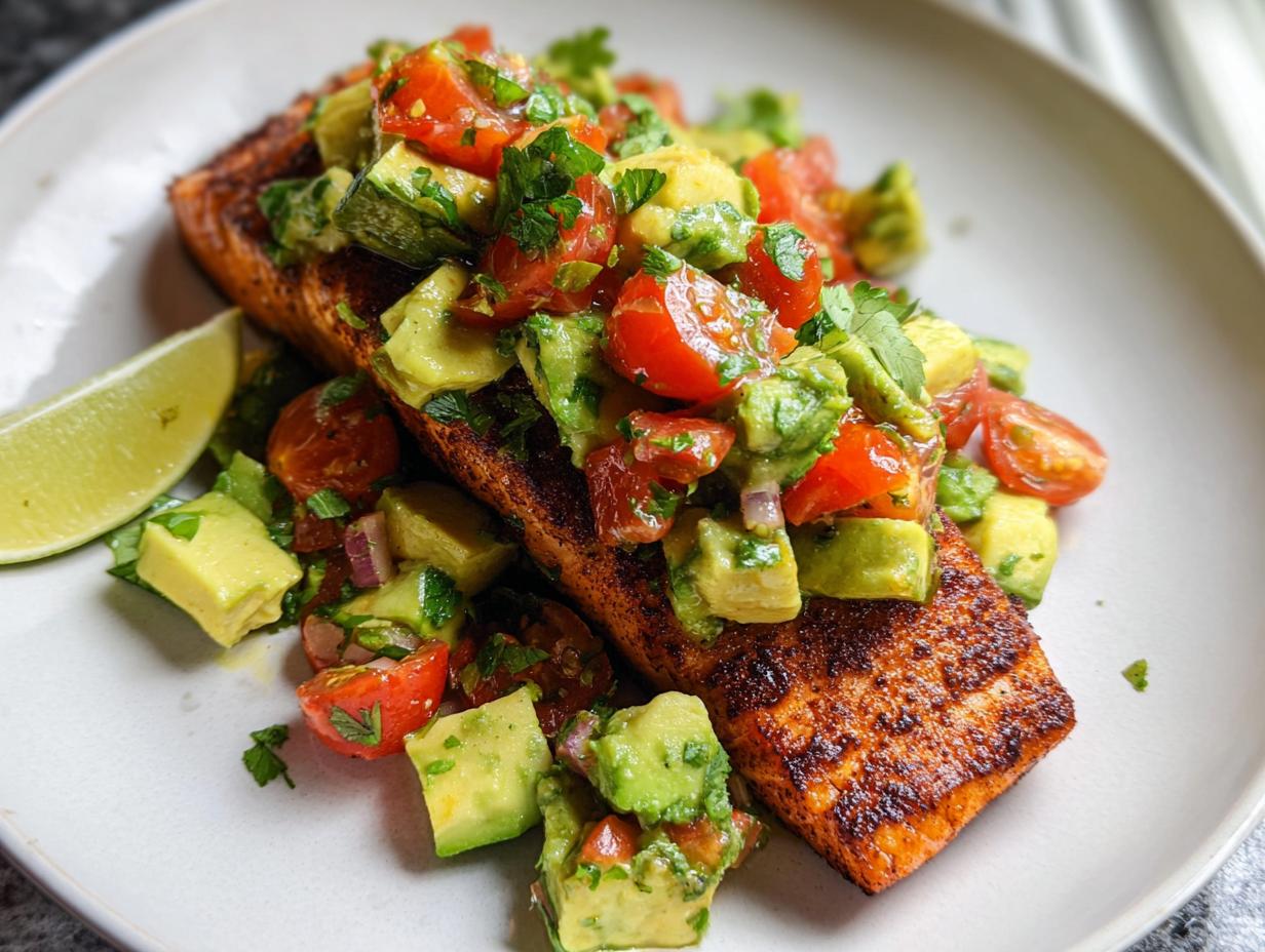 Grilled salmon fillet topped with fresh avocado and tomato salsa, a perfect example of Balanced Meals for a Healthy Lifestyle.