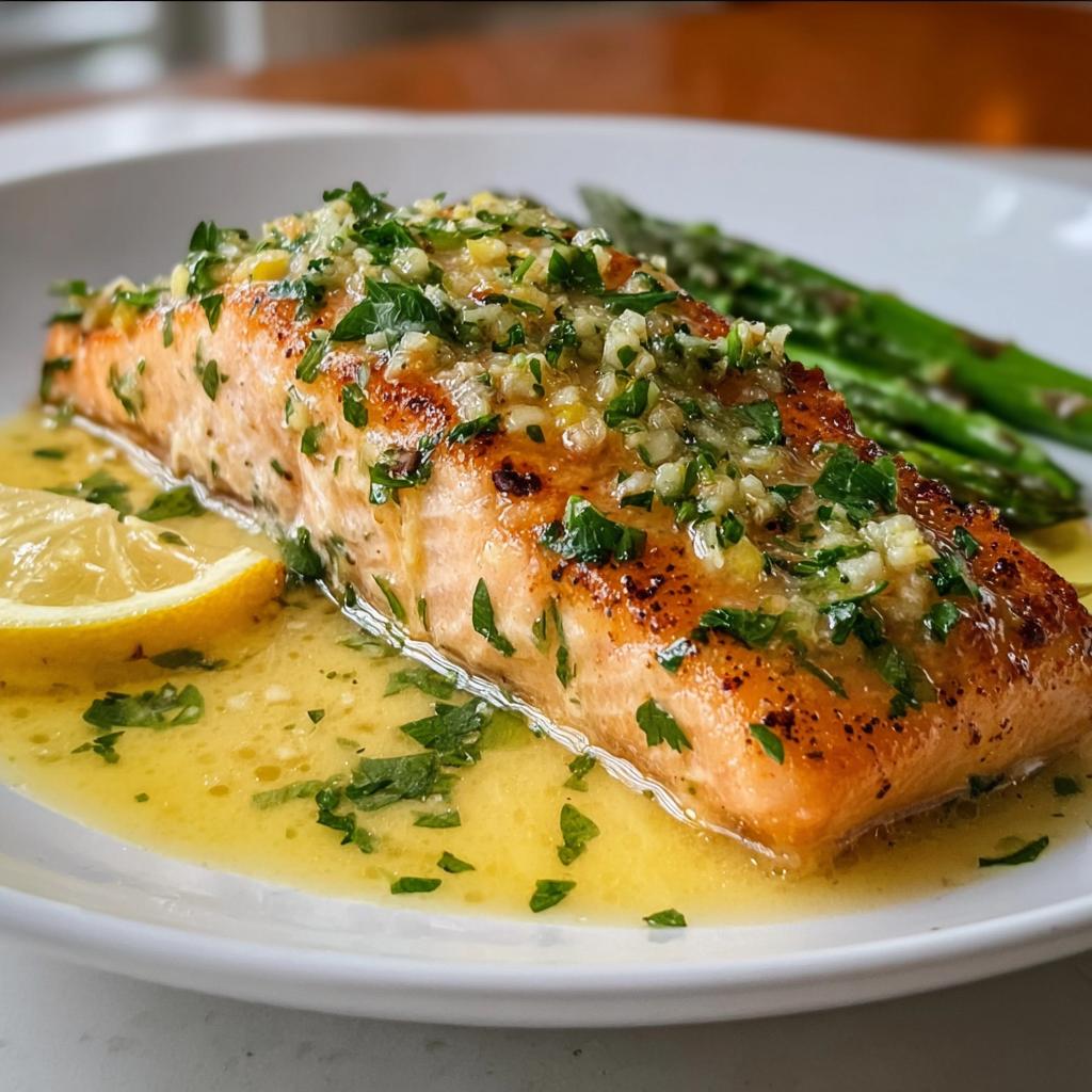 Close-up of a perfectly cooked salmon fillet topped with garlic lemon butter sauce and parsley, served with asparagus.