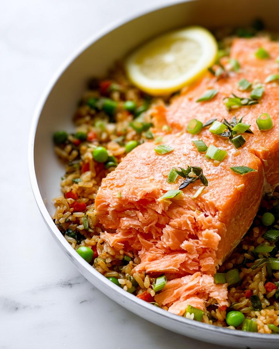 Flaky baked salmon served over vegetable brown rice, a great example of Simple Low-Calorie Dinner Ideas.