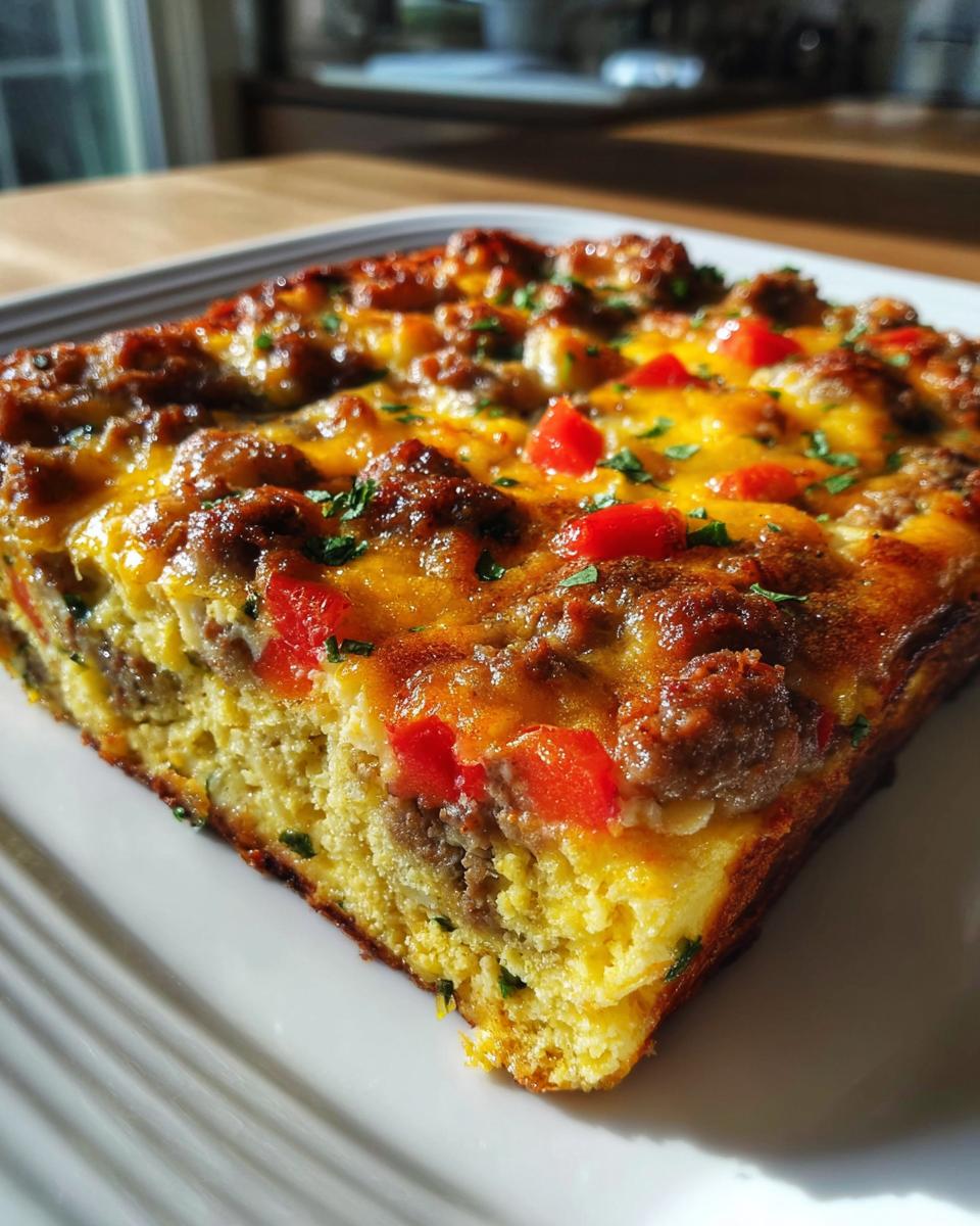 Close-up of a slice of savory breakfast casserole with sausage, melted cheese, and red peppers.