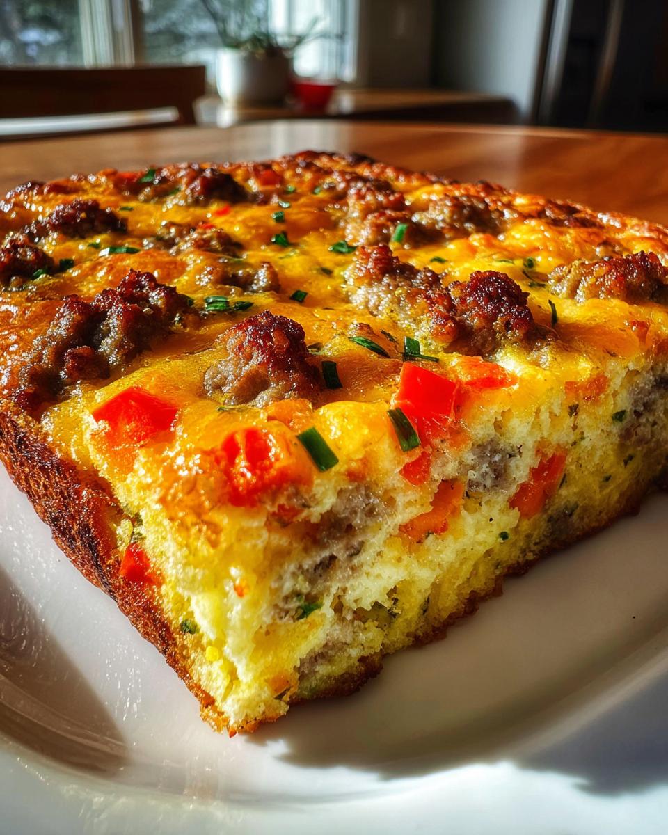 A close-up of a hearty slice of breakfast casserole with sausage, melted cheddar cheese, and red peppers.