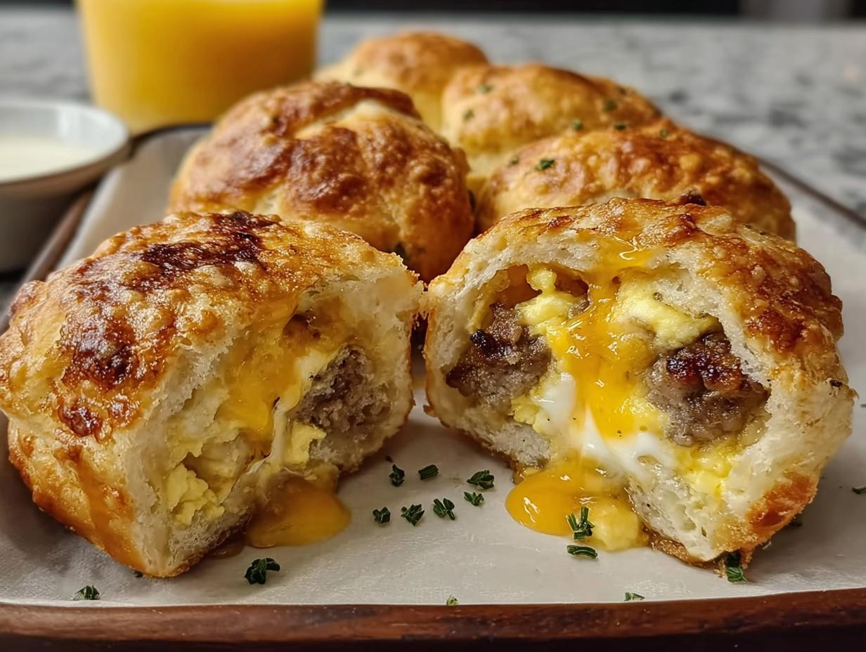 Close-up of a sausage and egg breakfast bomb cut in half, showing melted cheese and runny yolk, part of The Ultimate Breakfast Ideas Recipes Guide.