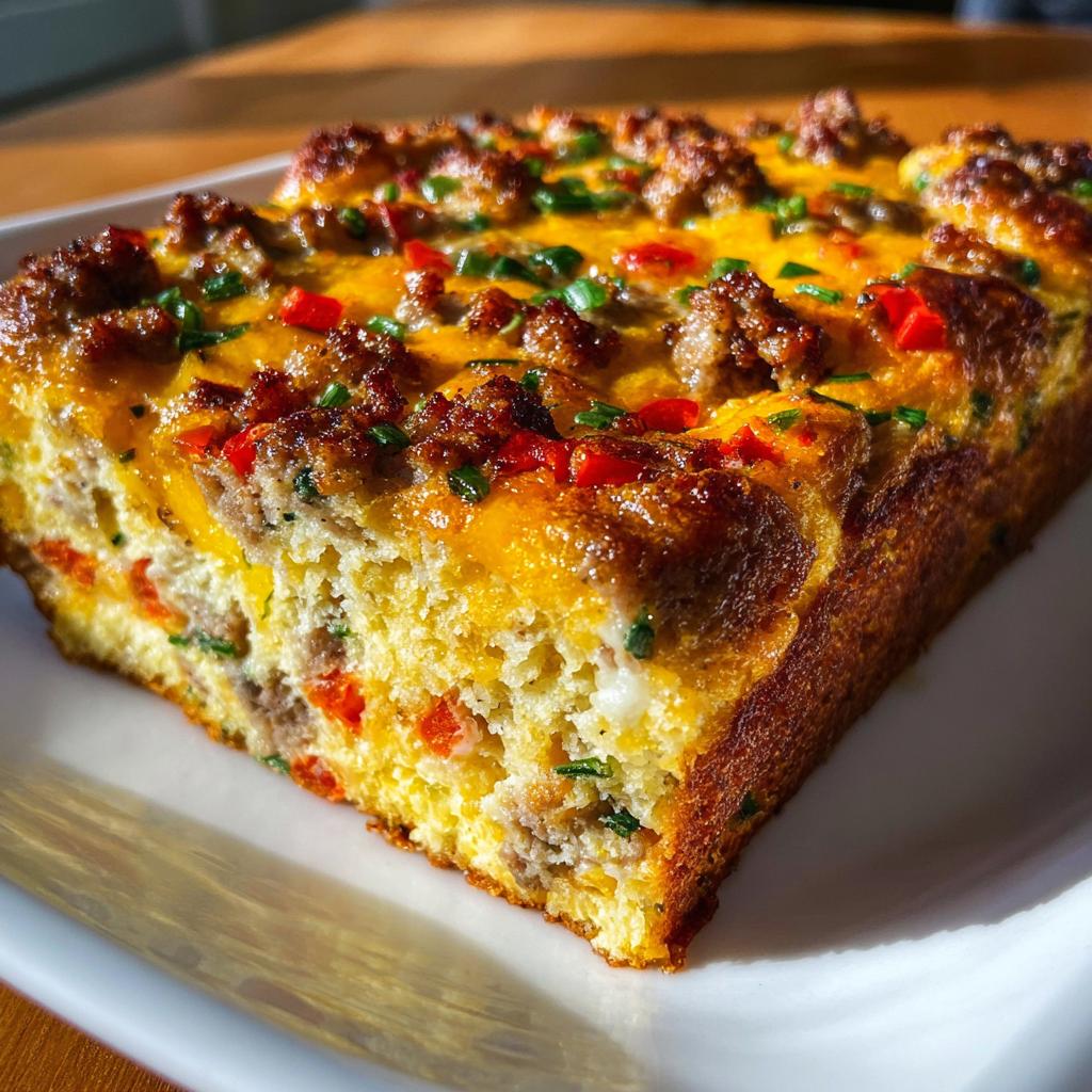 A thick slice of savory sausage and egg breakfast casserole topped with melted cheese.