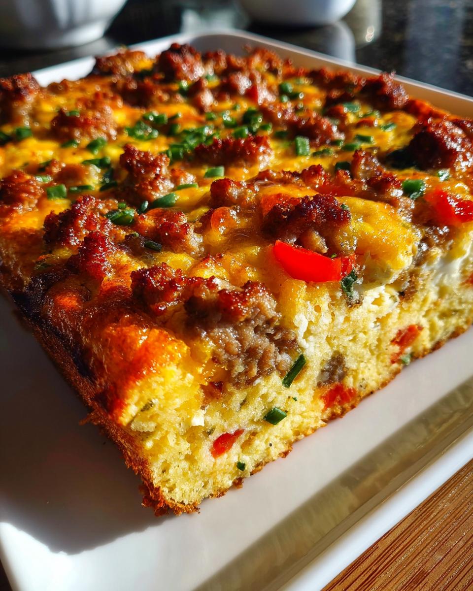 A square slice of baked sausage and egg breakfast casserole topped with melted cheese and chives.