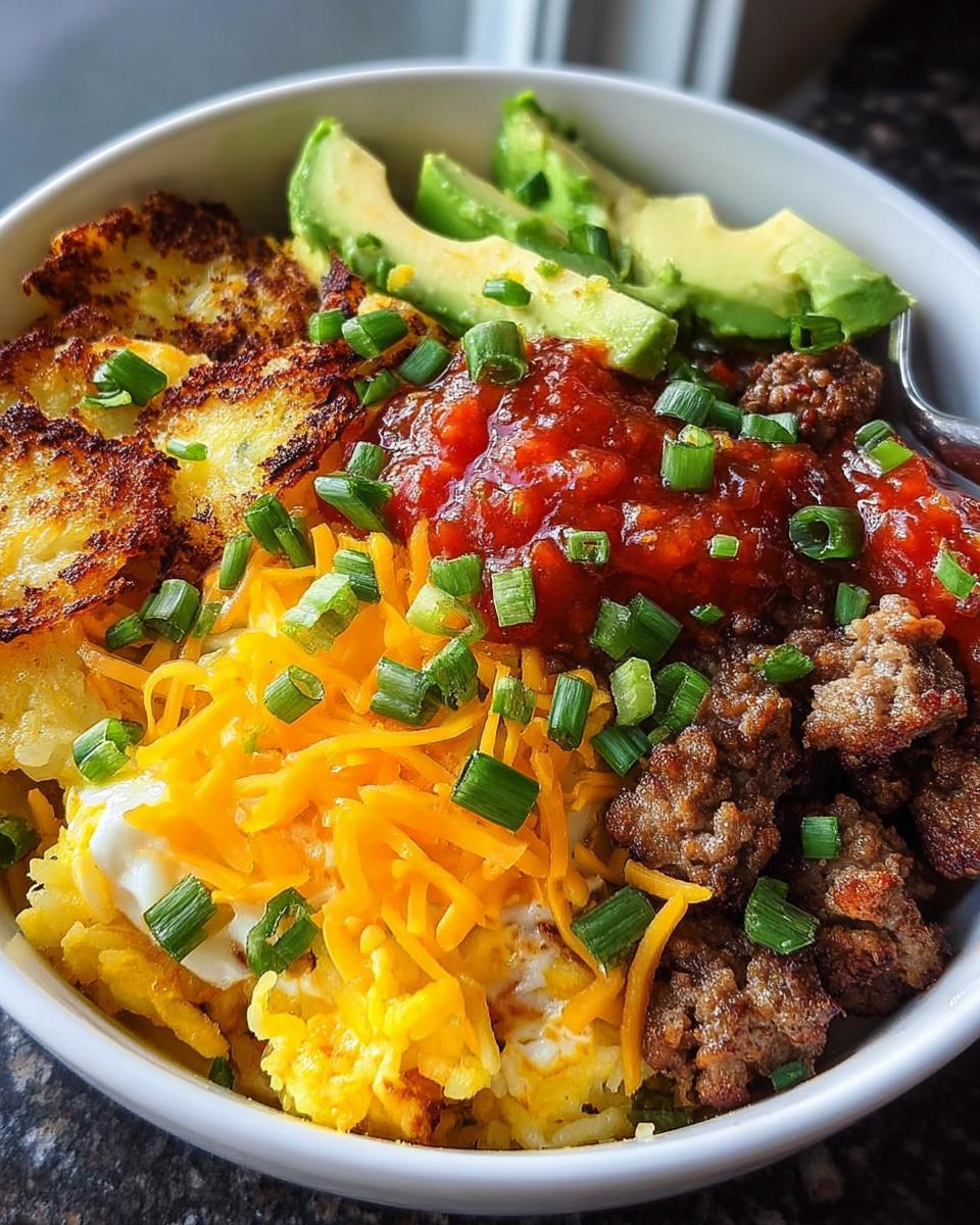 Close-up of a hearty breakfast ideas recipes bowl featuring hash browns, sausage, eggs, cheese, salsa, and avocado slices.