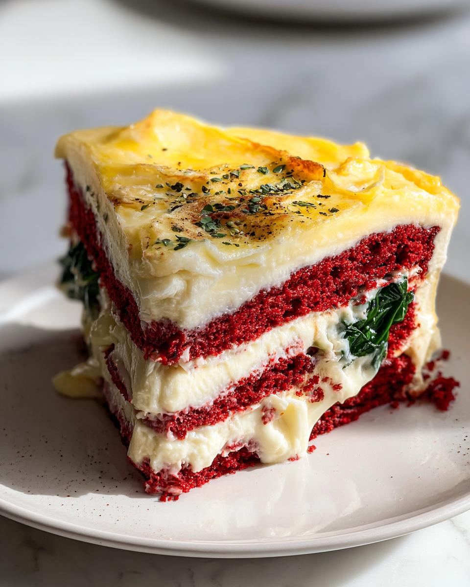 Slice of a savory layered dish with red cake-like layers, white creamy filling, and spinach, suitable for Easy Healthy Dinner Recipes.