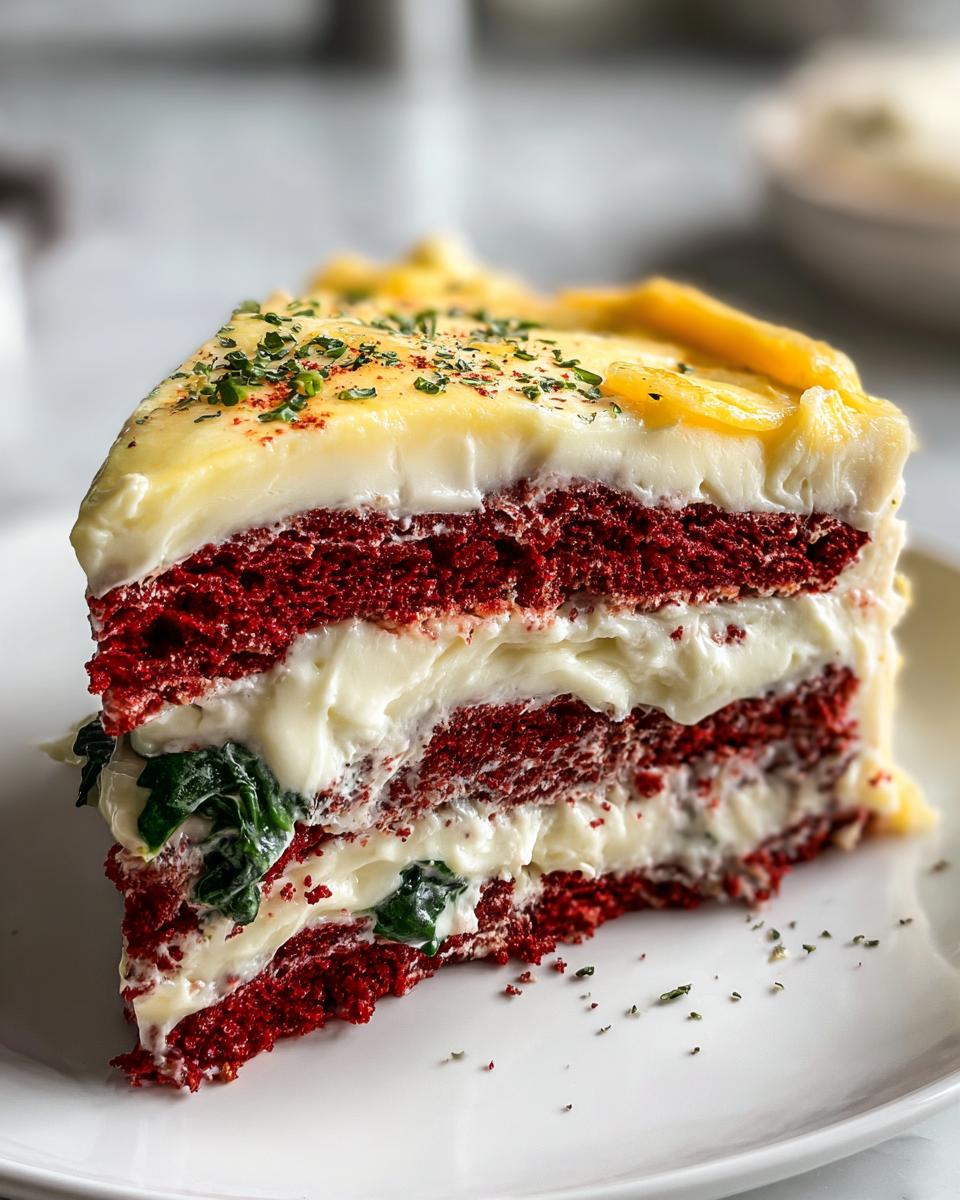 Slice of red velvet layered savory dish with white cheese and spinach, suggesting an Easy Healthy Dinner Recipes option.