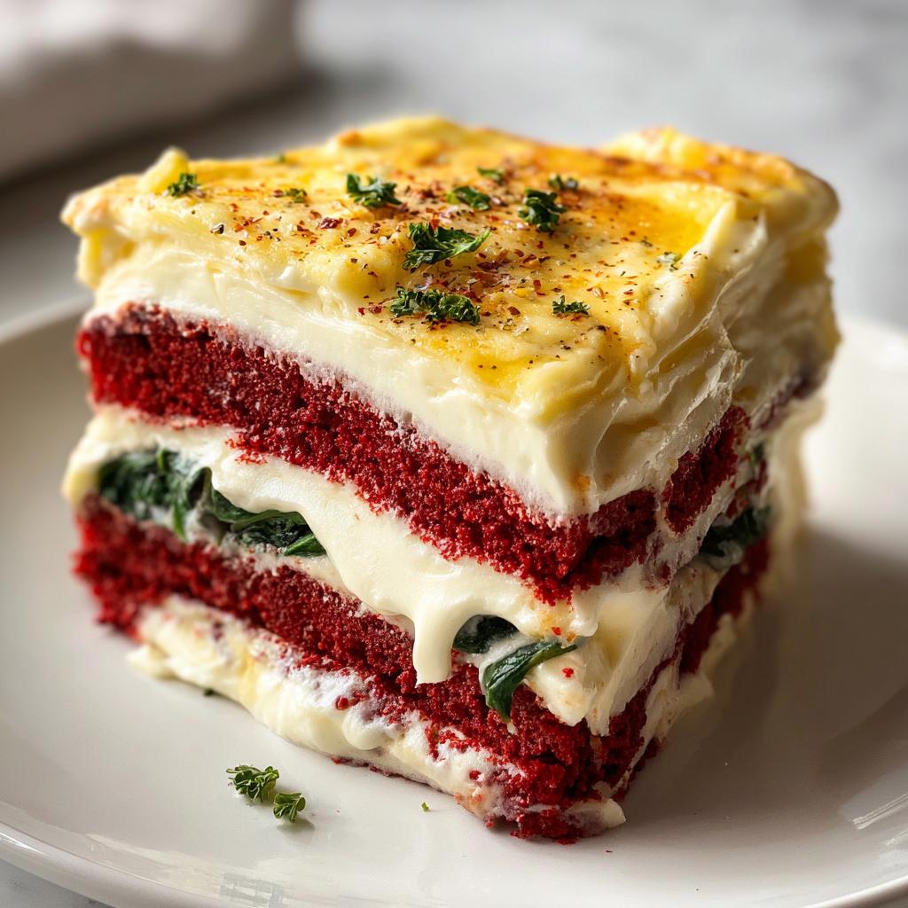 A slice of savory red velvet layered dish with white sauce and spinach, perfect for Easy Healthy Dinner Recipes.